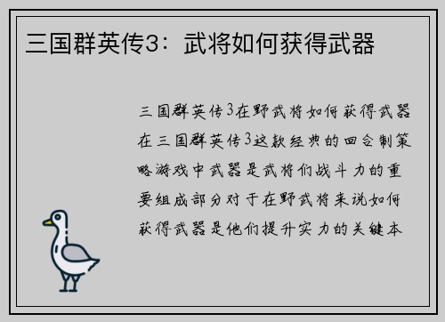 三国群英传3：武将如何获得武器